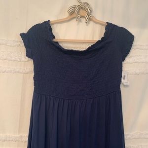 off the shoulder smocked top midi dress